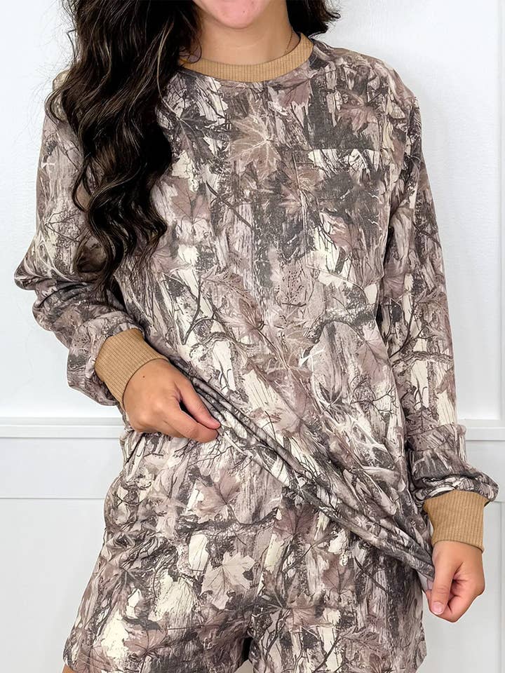 Khaki Woodland Camo Print Long Sleeve Top Casual Short Set for wholesale by Molly & Me Boutique