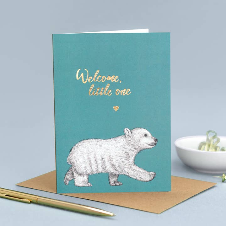 Luxury New Baby Card - Polar Bear Cub // Gold Foil Animal Cards //Eco-friendly Cards // Wildlife Art Cards for wholesale by Wild Lines