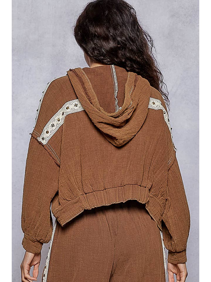 Pol Clothing - Wholesale Hoodie – Women's - Vintage Washing Double Gauze Stud Detail Hoodie Jacket SALE28