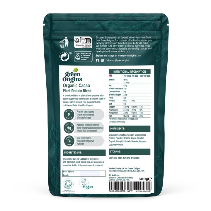 Brand Organic - Vendita all'ingrosso Proteine/superfood in polvere - Green Origins Proteine di Cacao in Polvere 300g Biologico3