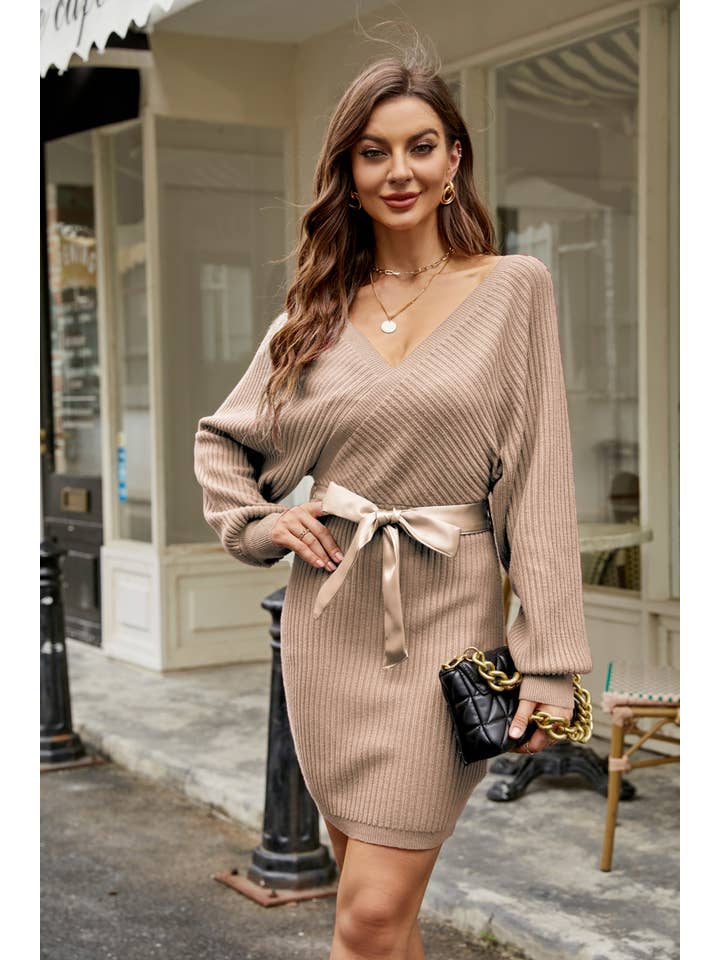 GEXWORLDWIDE - Wholesale Dress - Women's - Apricot Long Lantern Sleeve Slim Sweater Wrap Dress