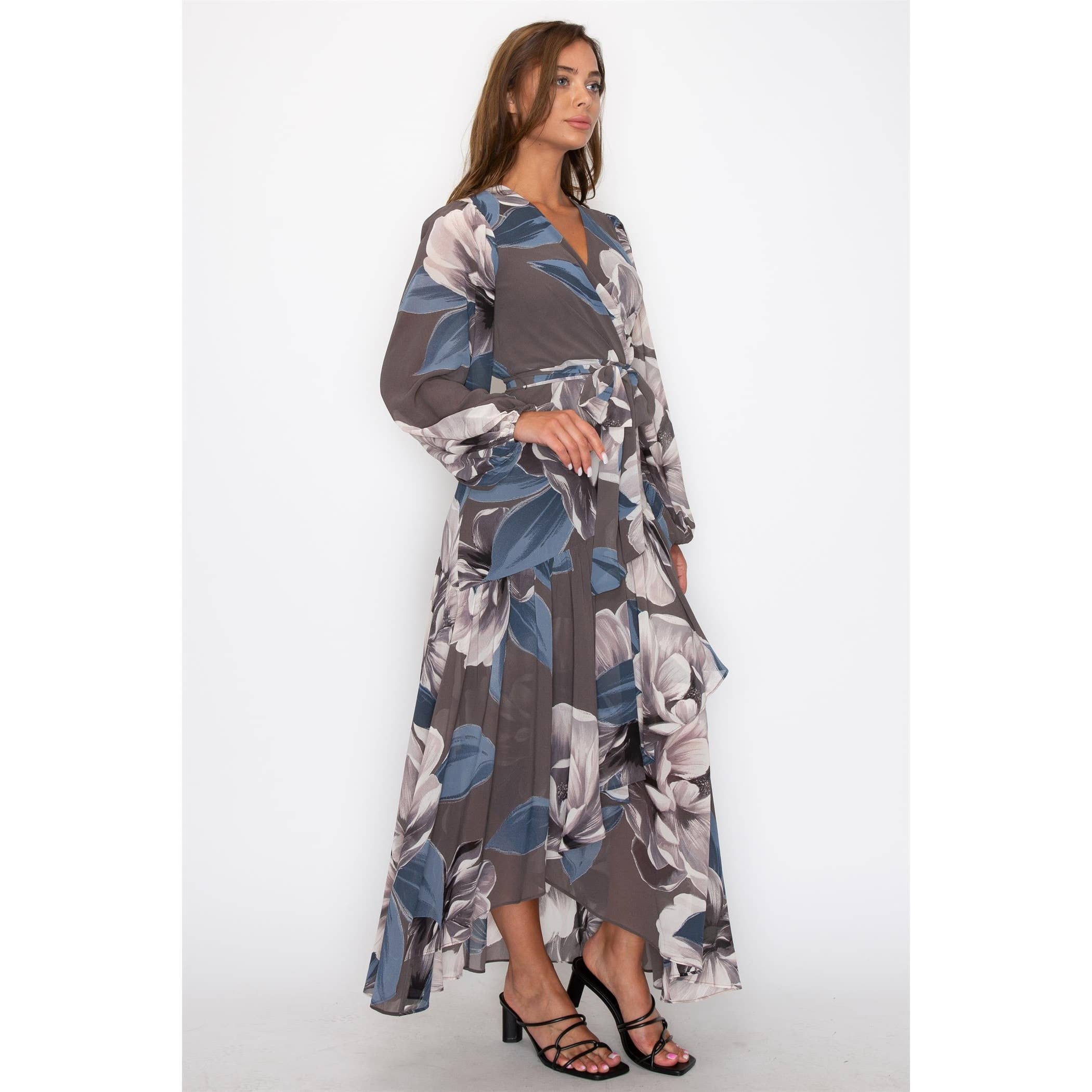 HYFVE - Wholesale Dress - Women's - CHIFFON FLORAL LONG SLEEVE WRAP V-NECK MAXI DRESS1