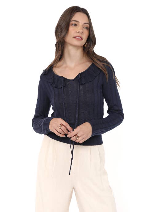 Maggie Ruffle Collar Sweater : NAVY for wholesale by Sadie & Sage
