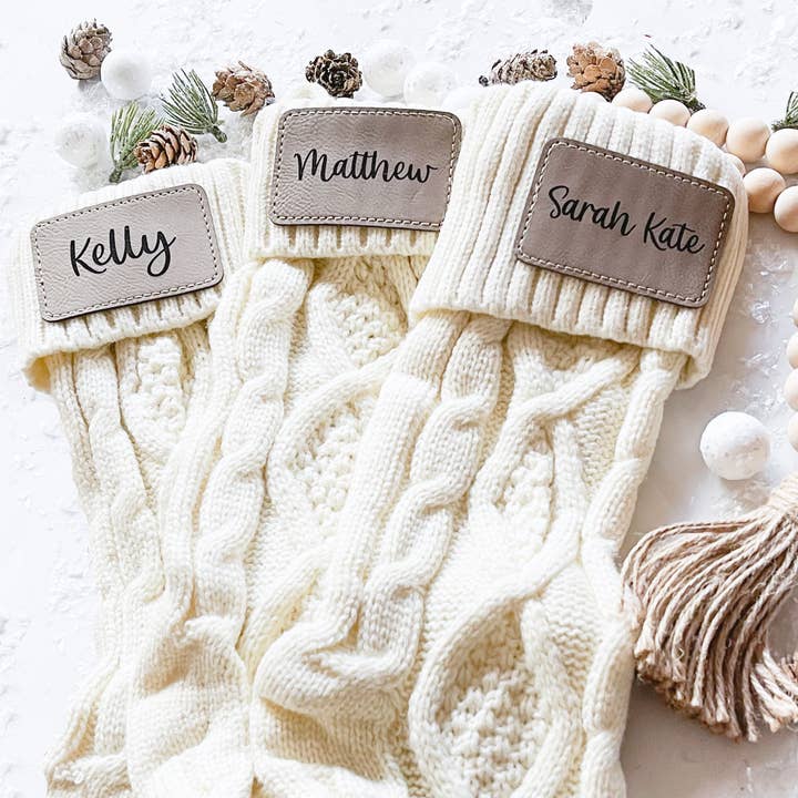 Woobie Beans Jewelry, Gifts & Apparel - Wholesale Holiday Stocking - Personalized Knit Christmas Stockings with Leather Patch