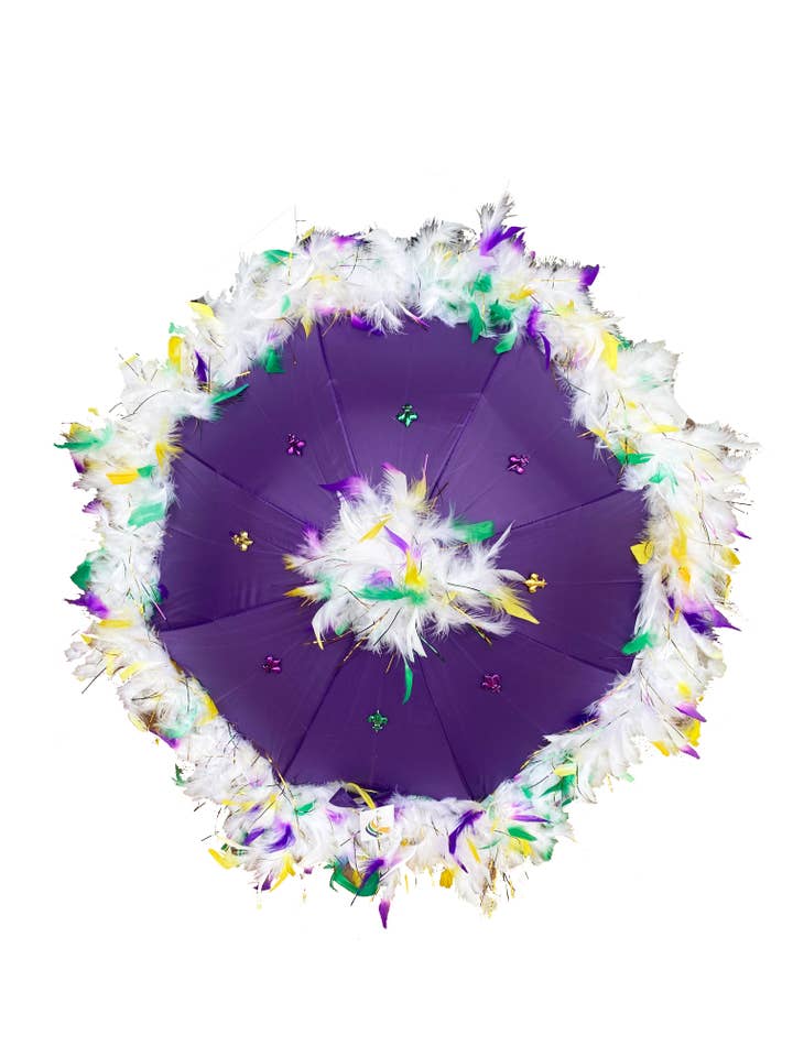 Mardi Gras Feathered Parasol - White Feathers for wholesale by Mardi Gras Creations
