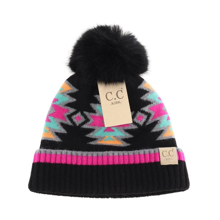 C.C Beanie - Wholesale Beanie - Kids - Kids' Southwestern C.C Beanie with Faux Fur Pom