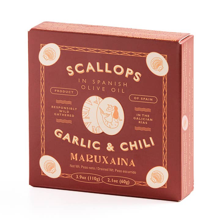 Maruxaina. Scallops in Spanish in Olive Oil, Garlic & Chili. for wholesale by Don Gastronom USA