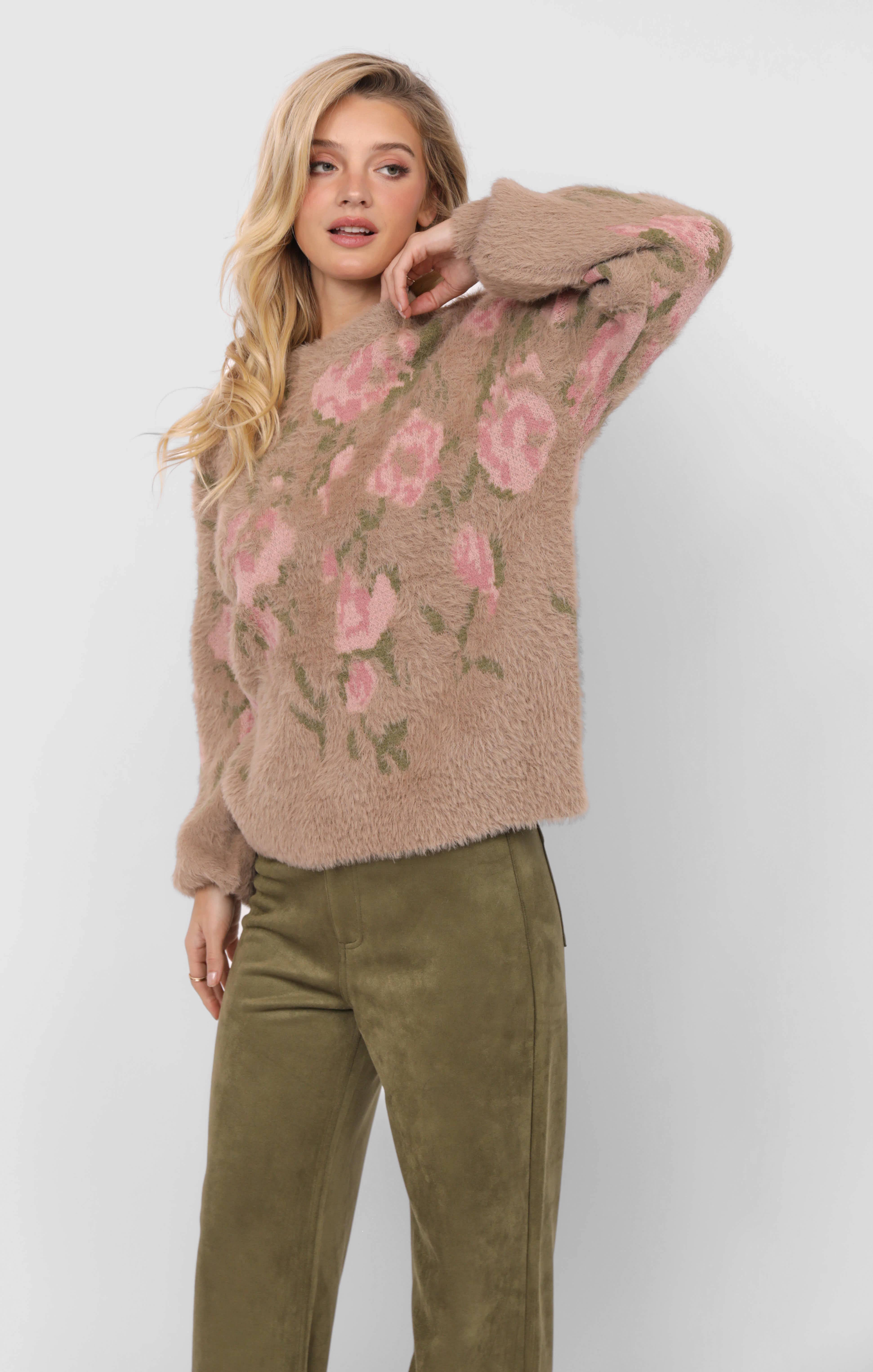 Sadie & Sage - Wholesale Knitted jumper – Women′s - Camila Eyelash Yarn Jacquard Pullover Sweater : TAUPE MULTI11
