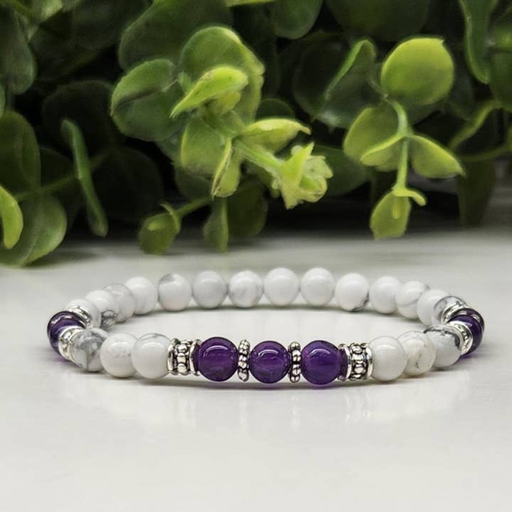 Meraki Gemstones - Wholesale Beaded Bracelet - MENTAL CLARITY - Amethyst/White Howlite 6mm Bracelet - 7.5"0