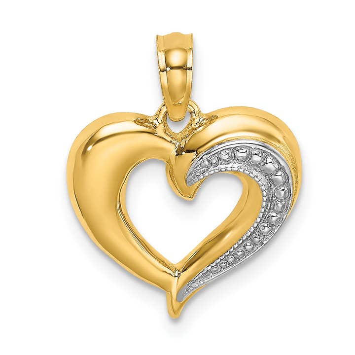 10K W/ Rhodium Polished and Textured Heart Charm for wholesale by Sophia Jewelers