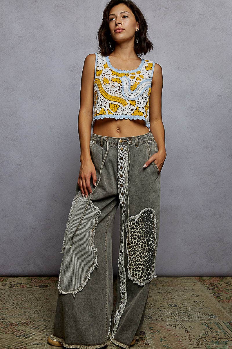 Pol Clothing - Wholesale Pants - Women's - Contrast floral twill front snap-button pants14