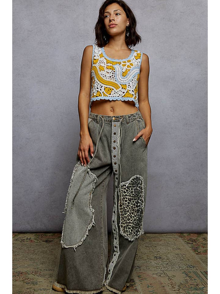 Pol Clothing - Wholesale Pants - Women's - Contrast floral twill front snap-button pants9