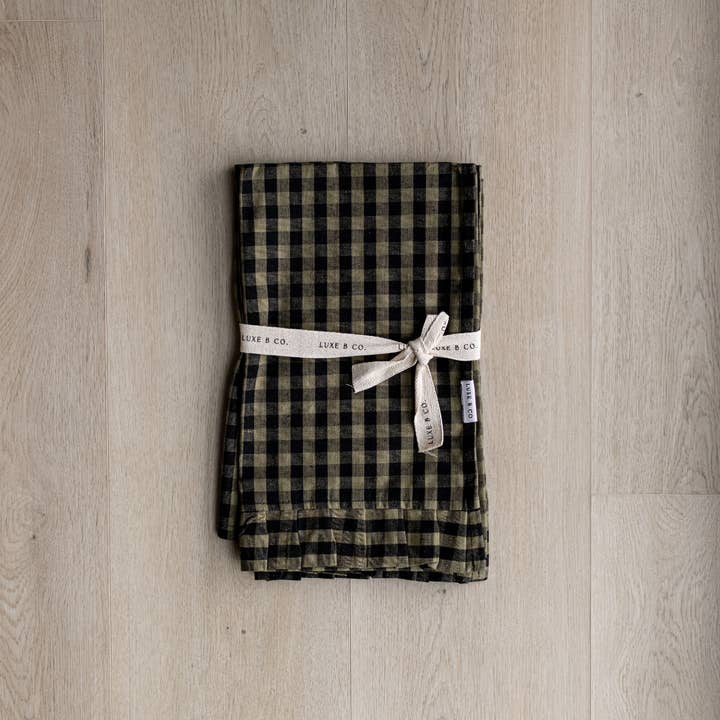 Luxe B Co - Wholesale Tea towel - Ruffle Olive Green Gingham Kitchen Dish Towel