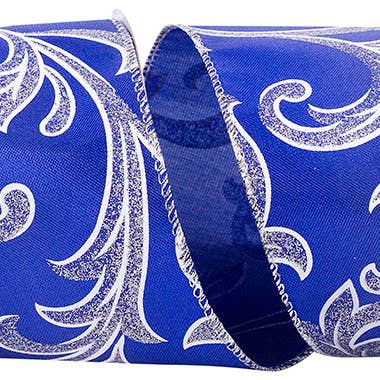 Metallic Shine Scroll Royal Wired Edge, Royal/silver, 4 In for wholesale by RELIANT RIBBON