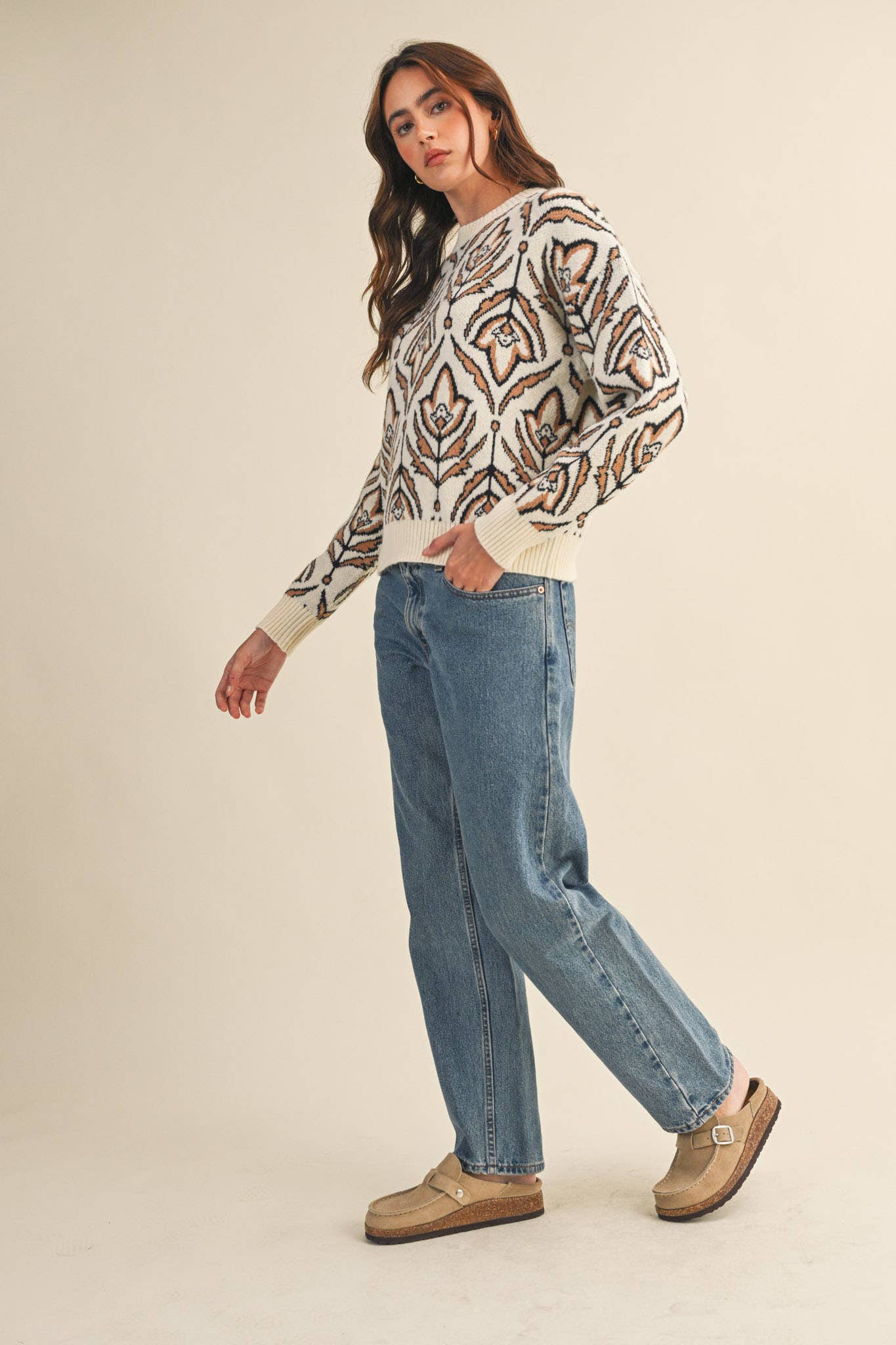 &MERCI - Wholesale Knit Sweater - Women's - FLORAL PATTERN KNIT SWEATER MSW1109555