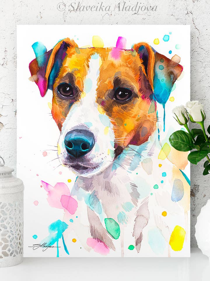 Peinture à l'aquarelle représentant un chien Jack Russell Terrier, adorable animal de compagnie pour la vente par Slaveika Aladjova