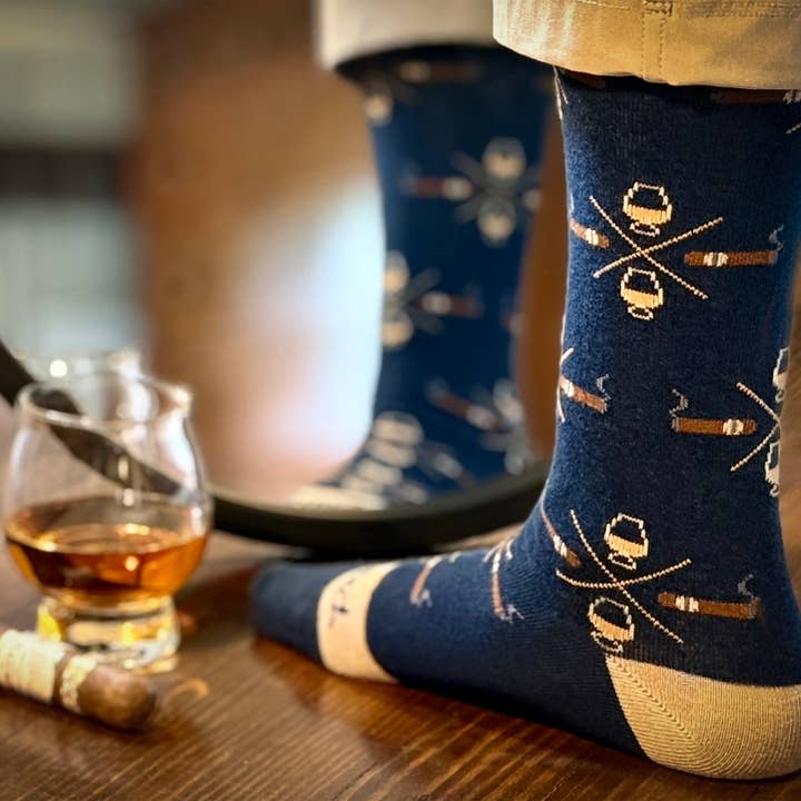 Cigar & Whiskey Socks - navy + tan and other Purchase Wholesale whiskey socks. Free Returns & Net 60 Terms on Faire trending on Faire.