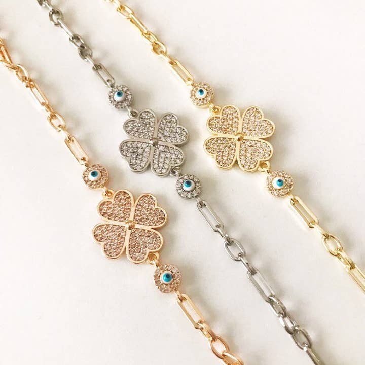 Evileyefavor - Vente Bracelets à breloques/pendentifs - Bracelet en trèfle mauvais œil, bijoux mauvais œil, bracelet trèfle à quatre feuilles en argent or rose1