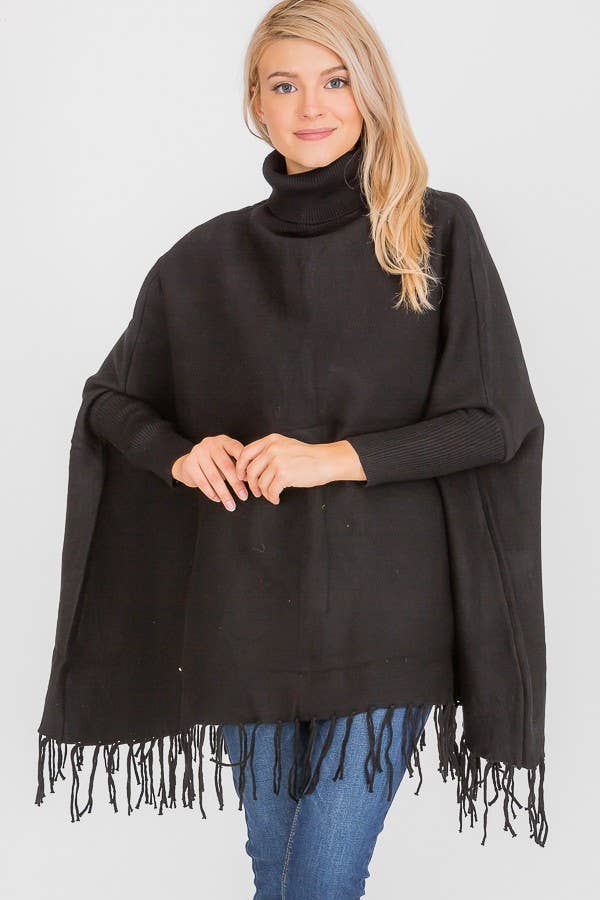 Cap Zone - Wholesale Poncho - Dames - Gebreide trui in rolkraagstijl met poncho met franjes2