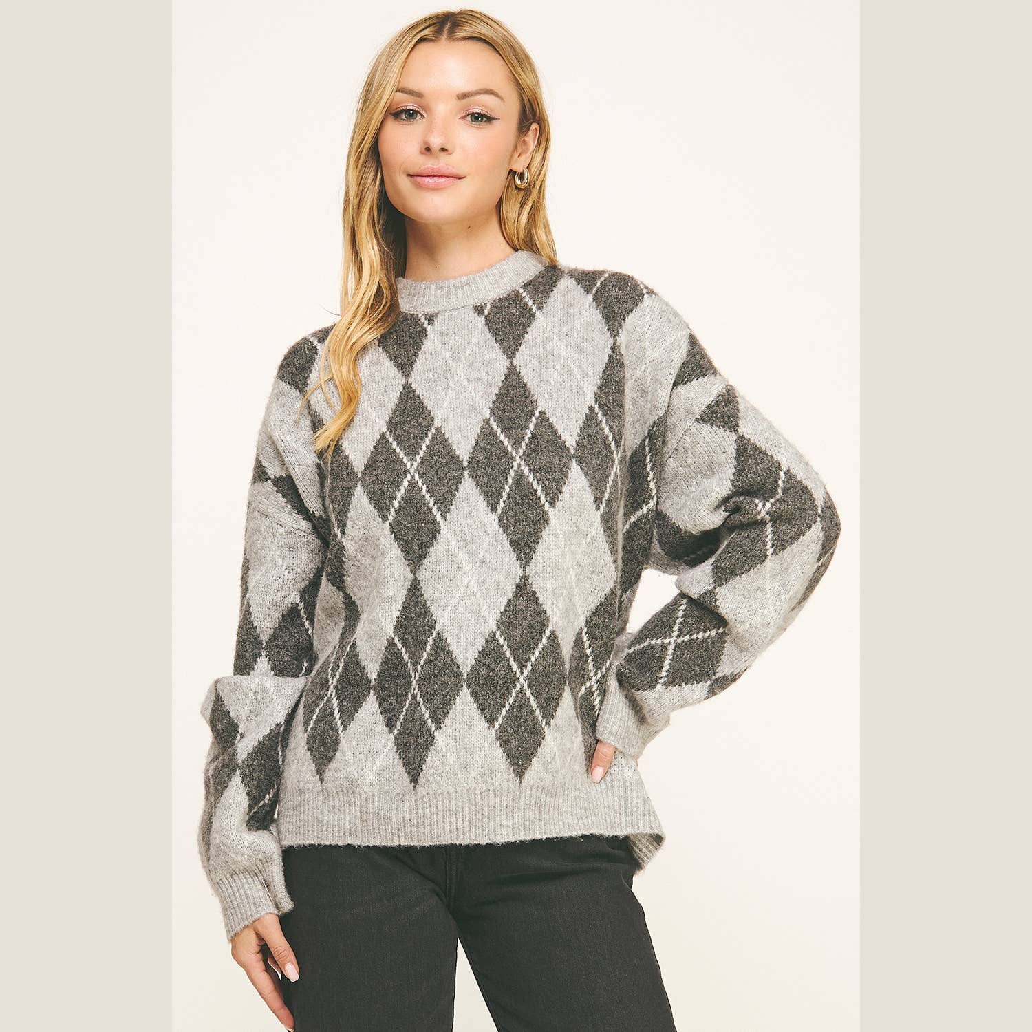 TONAL GRÅ RUTIG RUNDHALSAD LÅNGÄRMAD TRÖJA för wholesale på Faire0