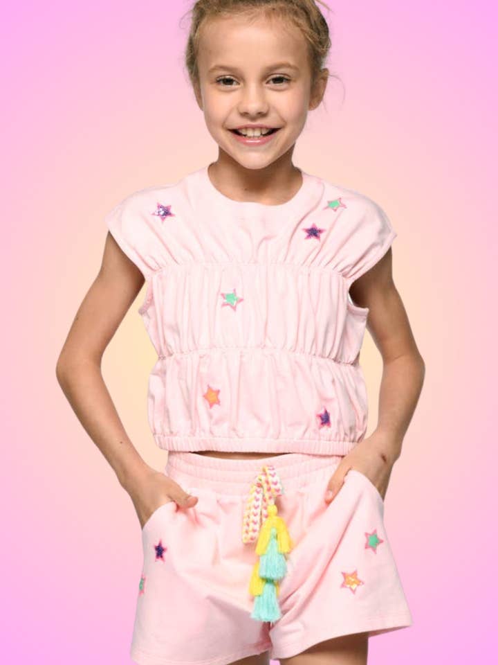 SHORT W/ STAR PATCHES AND TASSEL TIE for wholesale by Hannah Banana , Baby Sara