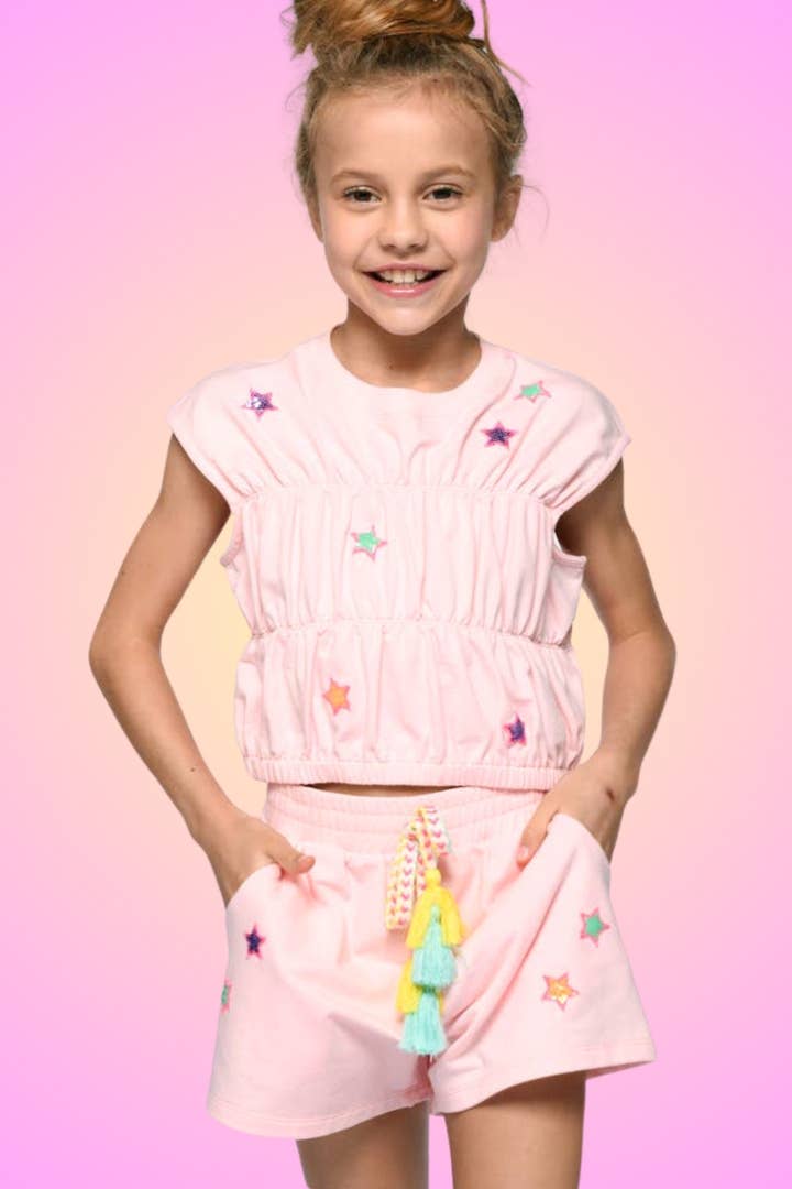 LIGHT PINK RUCHED TOP W/ STAR PATCH DETAIL for wholesale on Faire1