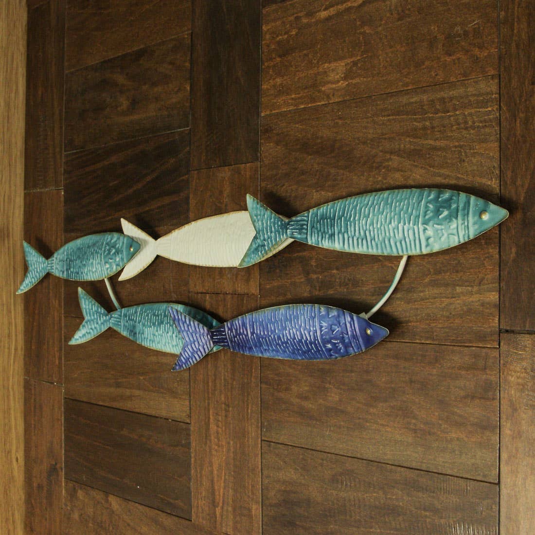 Zeckos - Wholesale Wall Accent - 34 Inch Blue Metal School of Fish Wall Hanging1