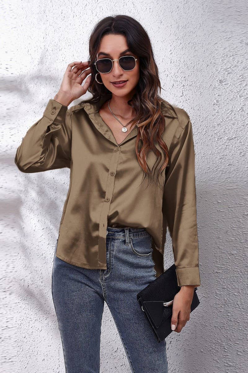 NINEXIS - Wholesale Button Down Shirt - Women's - CWTBLL0691_Button Down Silky Satin Long Sleeve Top62