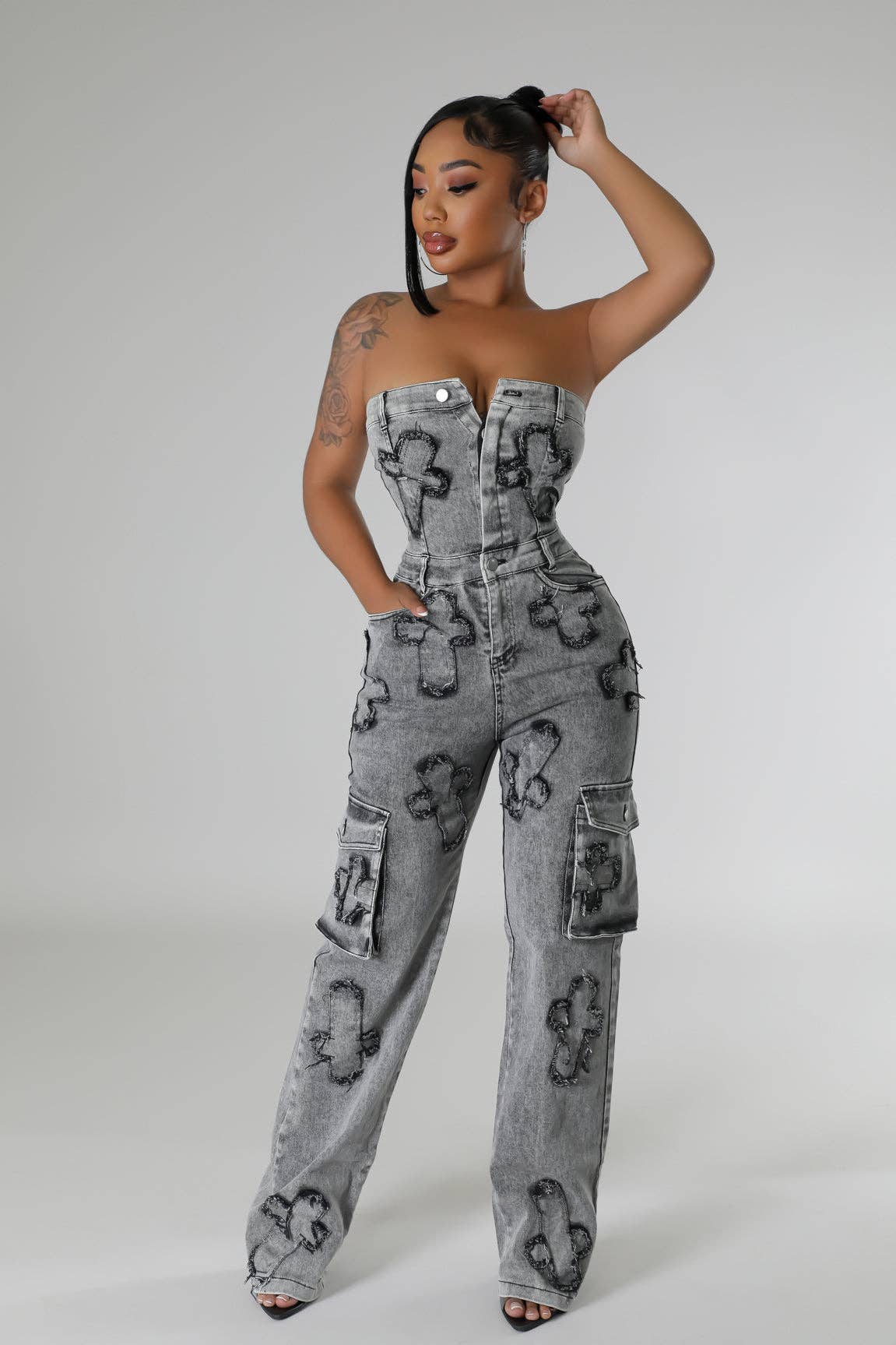 5besties inc - Wholesale Jumpsuit - Women's - CROSS PATCH DETAIL DENIM JUMPSUITS7