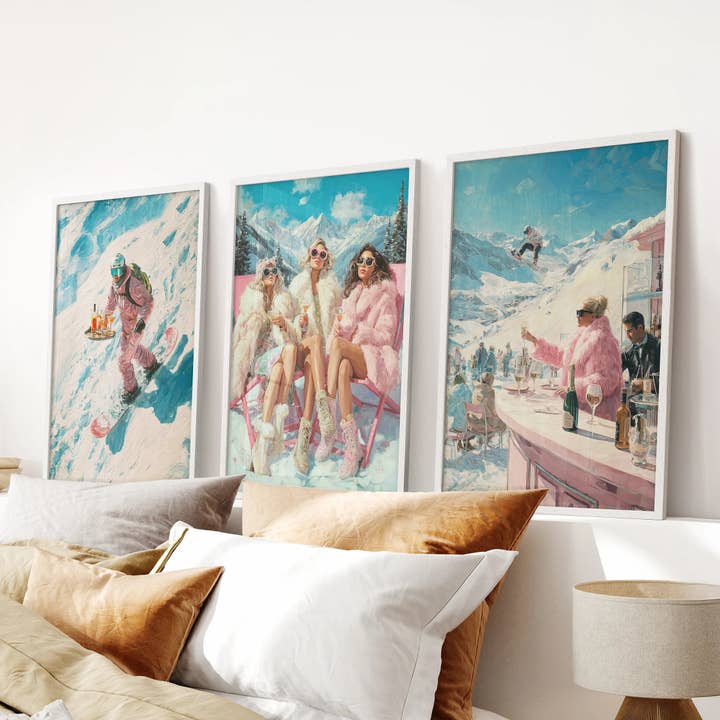 Glam Apres Ski Wall Art Set of 3. Retro Winter Prints for wholesale by PrintSets.com