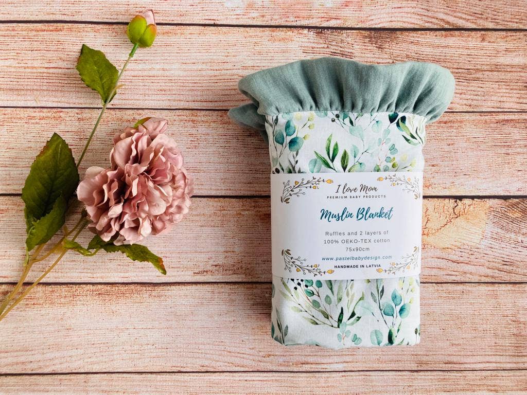 Pastel Baby - Wholesale Bedding Blanket - Kids & Baby - Organic Muslin Baby Blanket With Ruffle - Sage Eucalyptus2