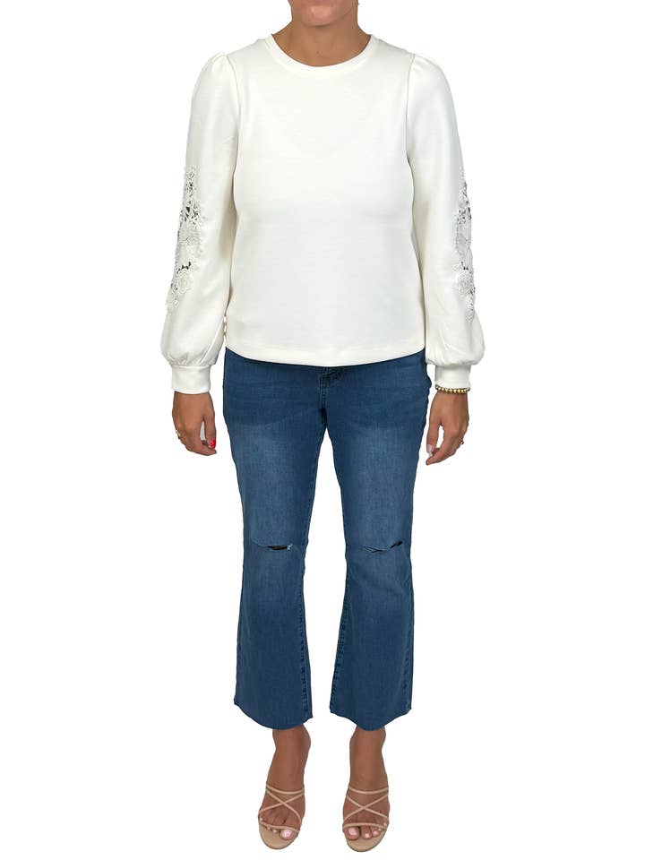 CGTP10627M-I - Ivory - Lace Sleeve Sweatshirt A3600 for wholesale by K & C Clothing, Inc.