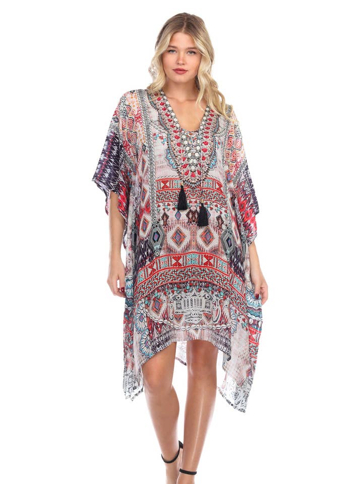 Caftan curto com estampa leve de strass com decote em V em seda viscosa por atacado de La Moda Clothing