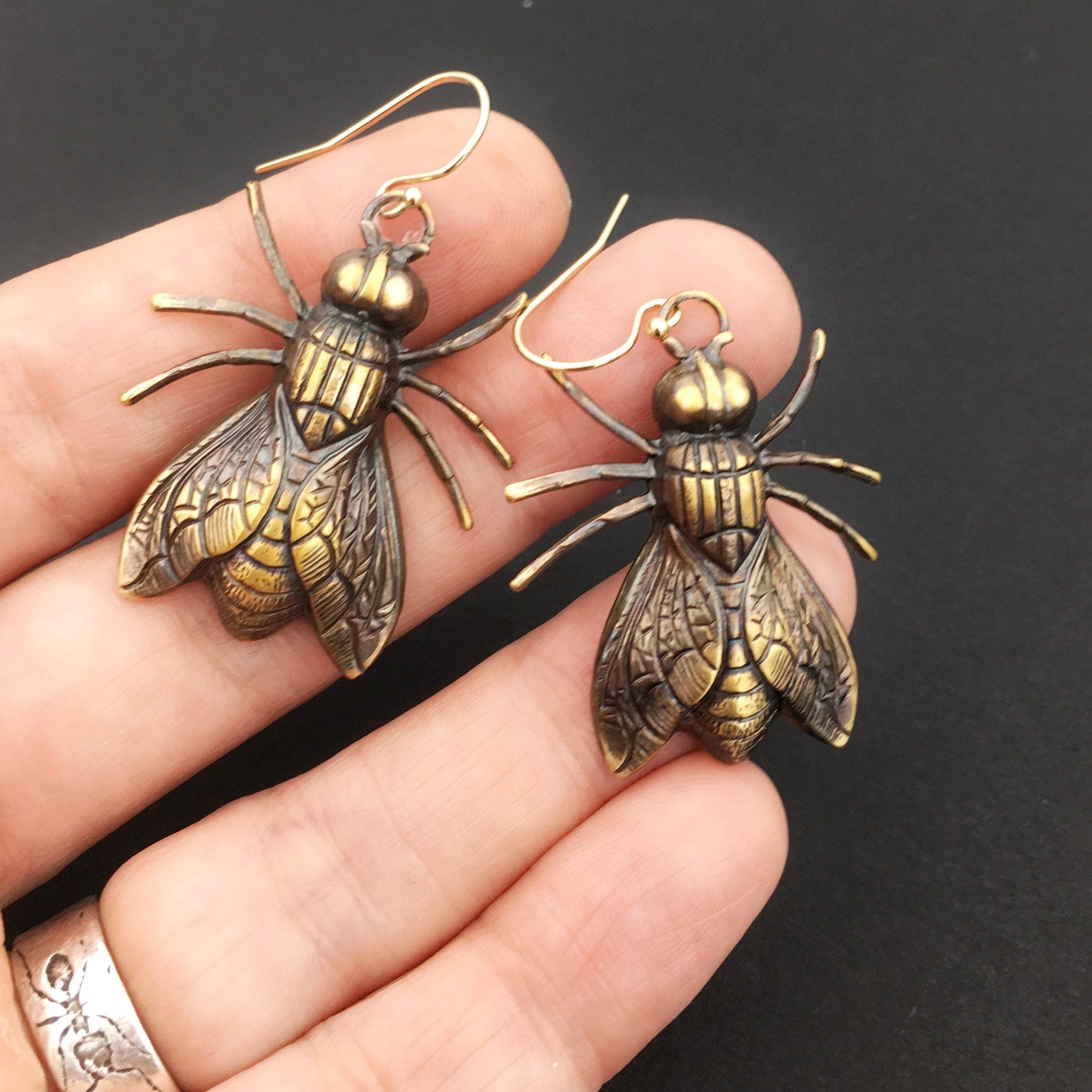 Metal Cloth & Wood - Wholesale Dangle Earrings - Brass Fly Insect Earrings2