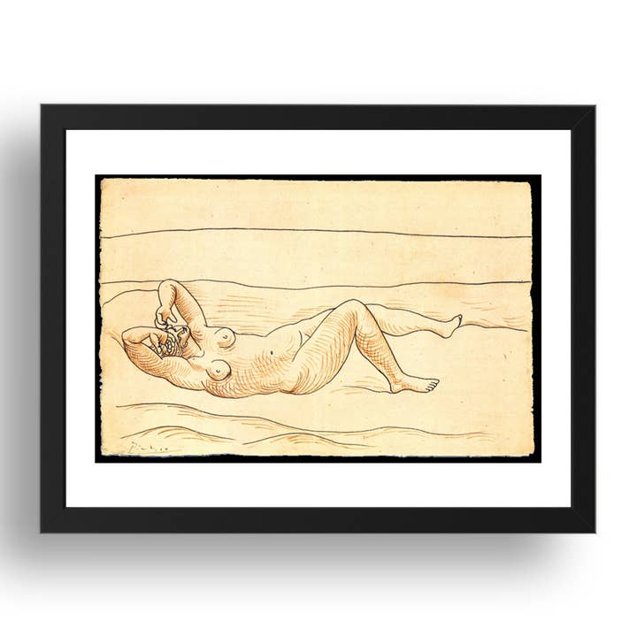 1920 Femme couchee au bord de mer (1920 Woman lying by the sea), vintage artwork by Pablo Picasso, A3 Size Reproduction Poster Print in 17x13" Black Frame for wholesale by PERIOD PRINTS