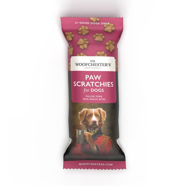 Paw Scratchies Dog Snack · Pulled Pork Flavour Dog Bites for wholesale by Sir Woofchester’s