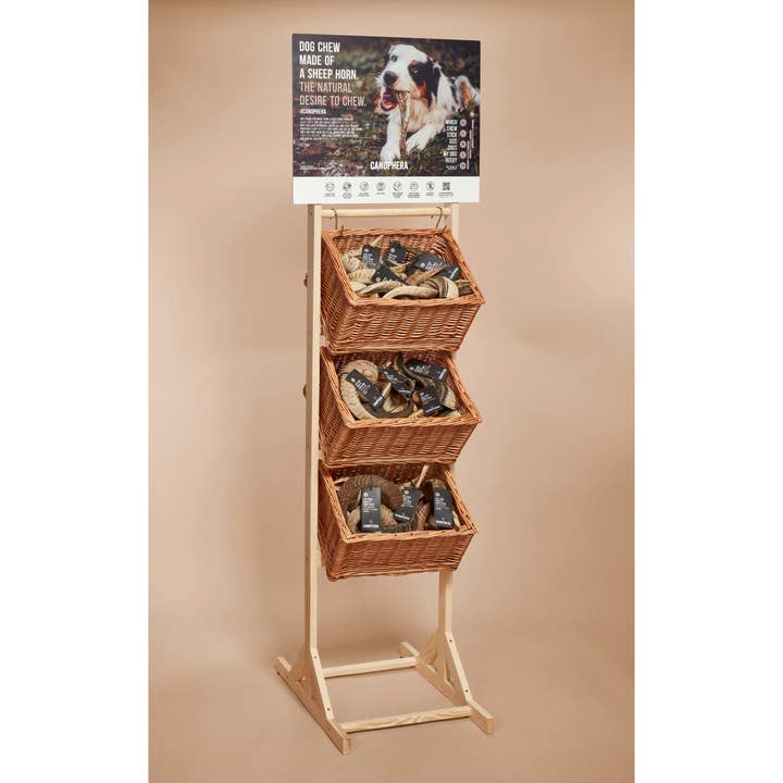 CANOPHERA LLC - Wholesale Pet Chew Toy - Dog - Wooden Sales Display Filled With 53 Sheep Horn Dog Chews.