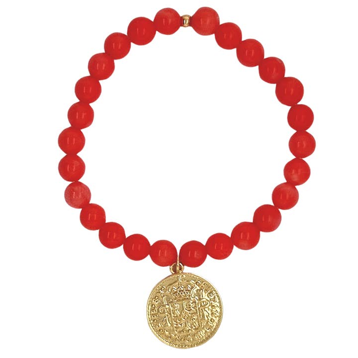 Bracciali elastici con monete in corallo rosso Amara in oro o argento per la vendita all'ingrosso da parte di PearlGem Designs