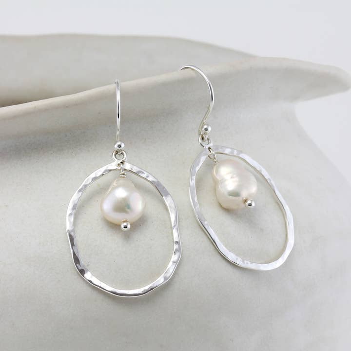 Handmade Sterling Silver Textured Pearl Hoop Earrings for wholesale by Banyan Jewellery