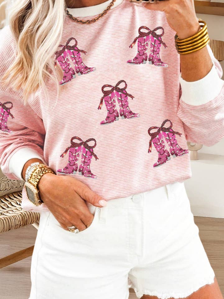 T-shirt à manches longues avec motif de paillettes et bottes de cowgirl (S-XL) pour la vente par 66DISCO