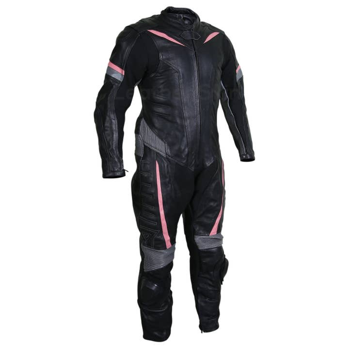 Combinaison moto en cuir noir pour homme avec bandes grises et roses pour la vente par Leather Skin Shop