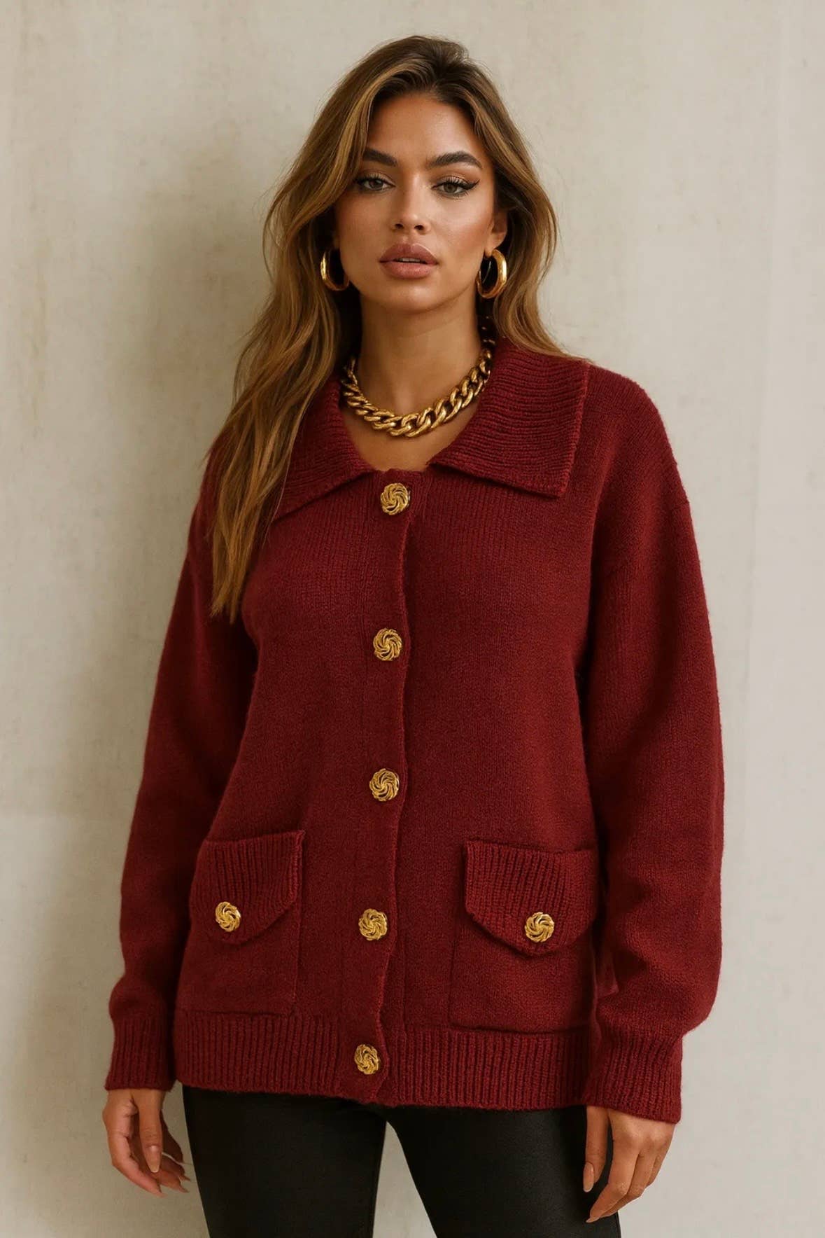 Frime - Vente Cardigan – femme - Gilet court à col large et boutons dorés - 27016