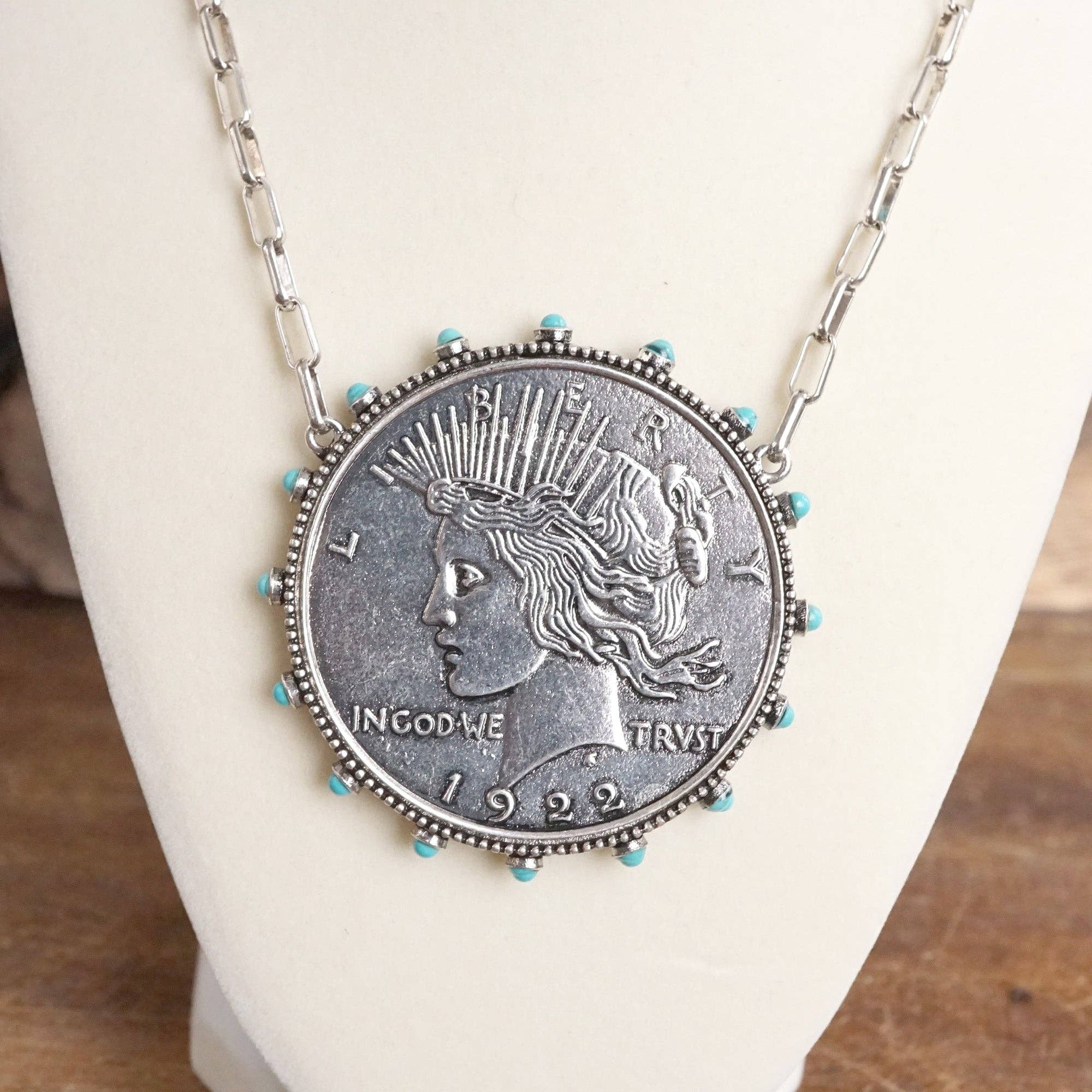 PennyLine inc - Wholesale Pendant/Charm Necklace - Western Boho Coin Necklace Set with Turquoise Accents – Worn Silver Tone2