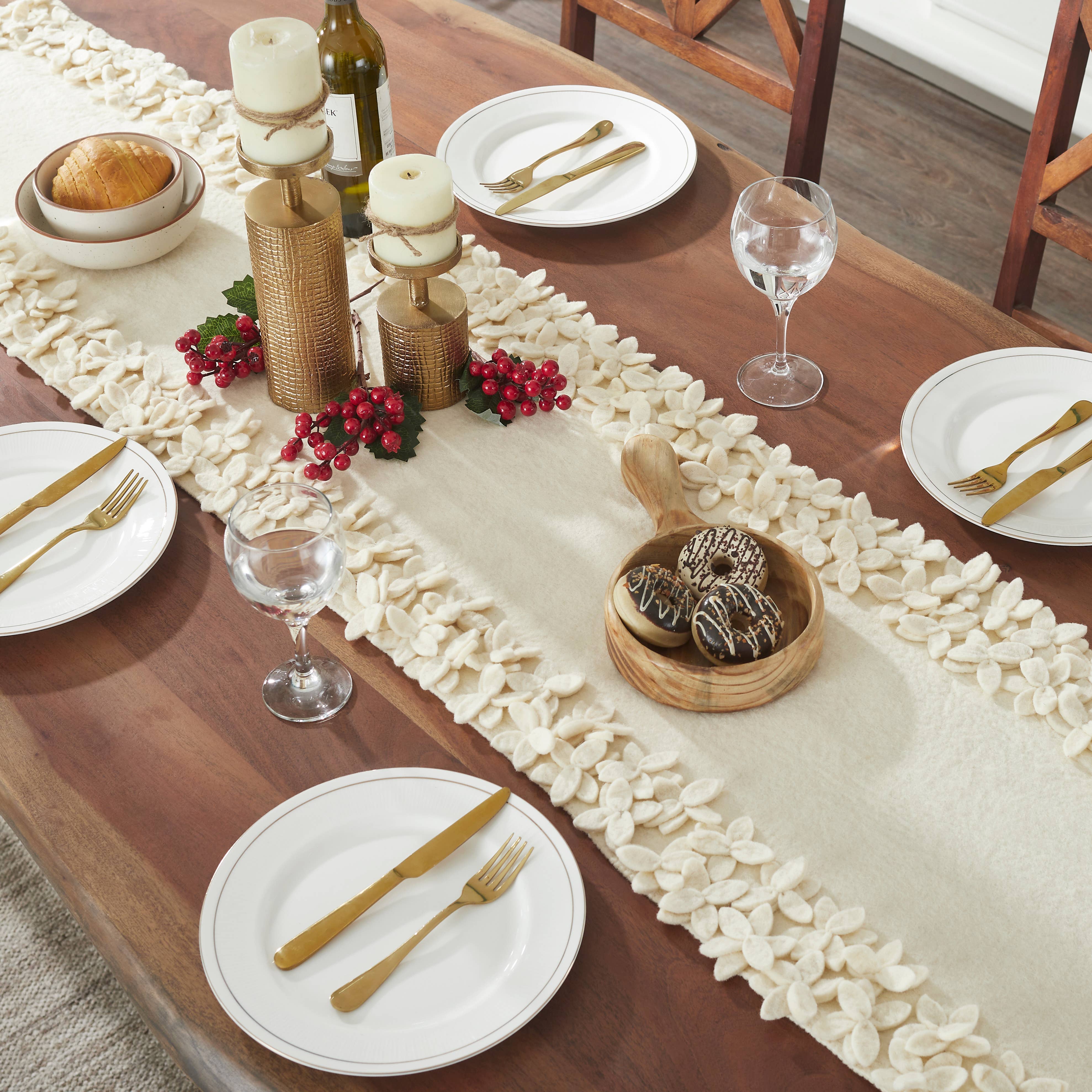 Arcadia Home - Wholesale Table Runner - Handmade Wool Floral Border Table Runner in Cream - 16" x 906