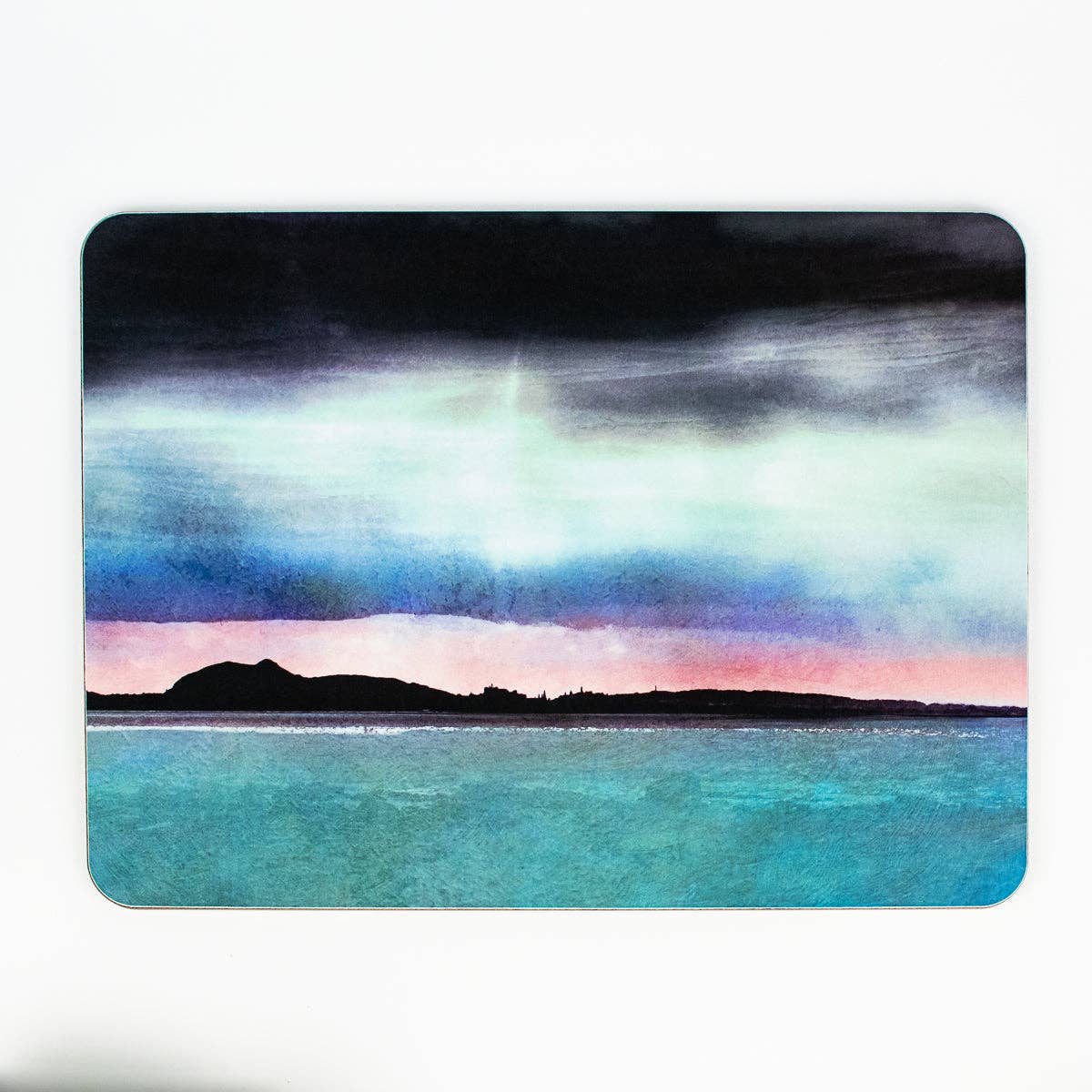 Cath Waters Scottish Landscapes – wholesale Placemat – Edinburgh Skyline from East Lothian Cork Backed Table Mat1