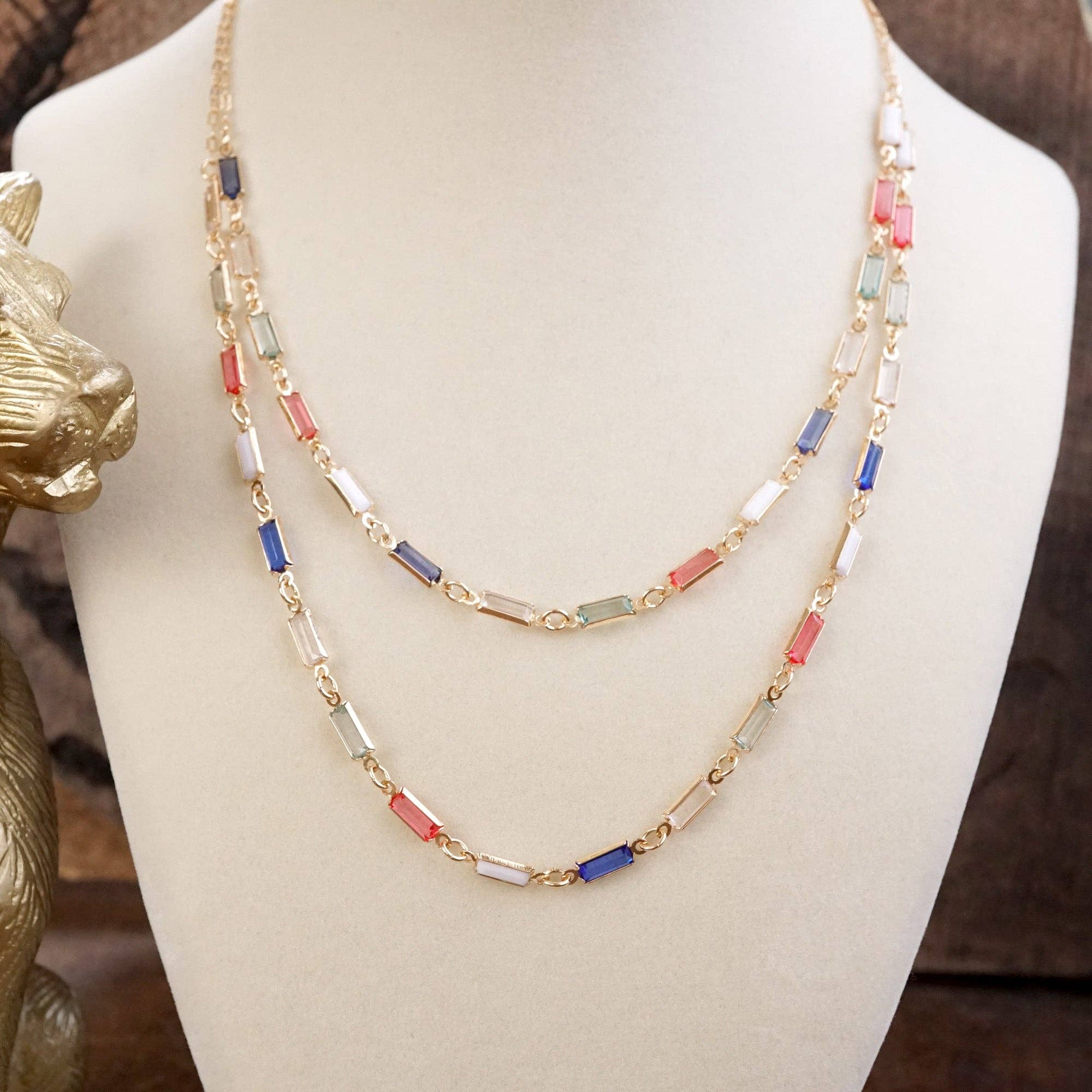 PennyLine inc - Wholesale Link & Chain Necklace - Twice the Sparkle – Double Layer Baguette Crystal Necklace in Gold Tone9