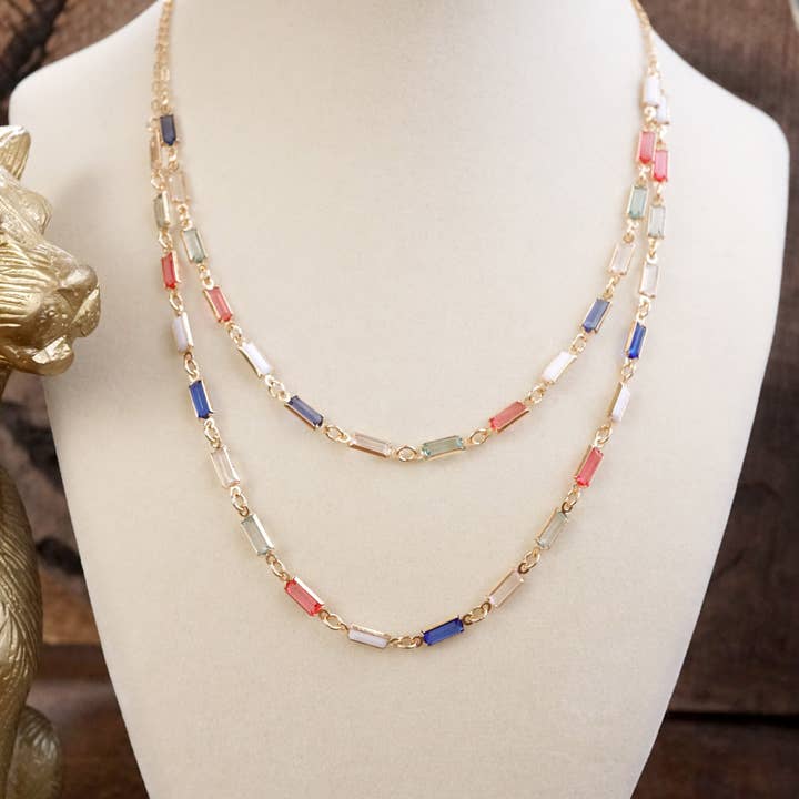 PennyLine inc - Wholesale Link & Chain Necklace - Twice the Sparkle – Double Layer Baguette Crystal Necklace in Gold Tone9