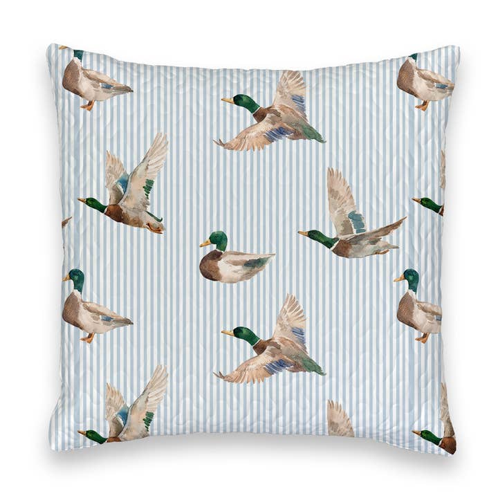 Mallory Ducks Blue Quilted 20" Pillow for wholesale by Ida Mae Home