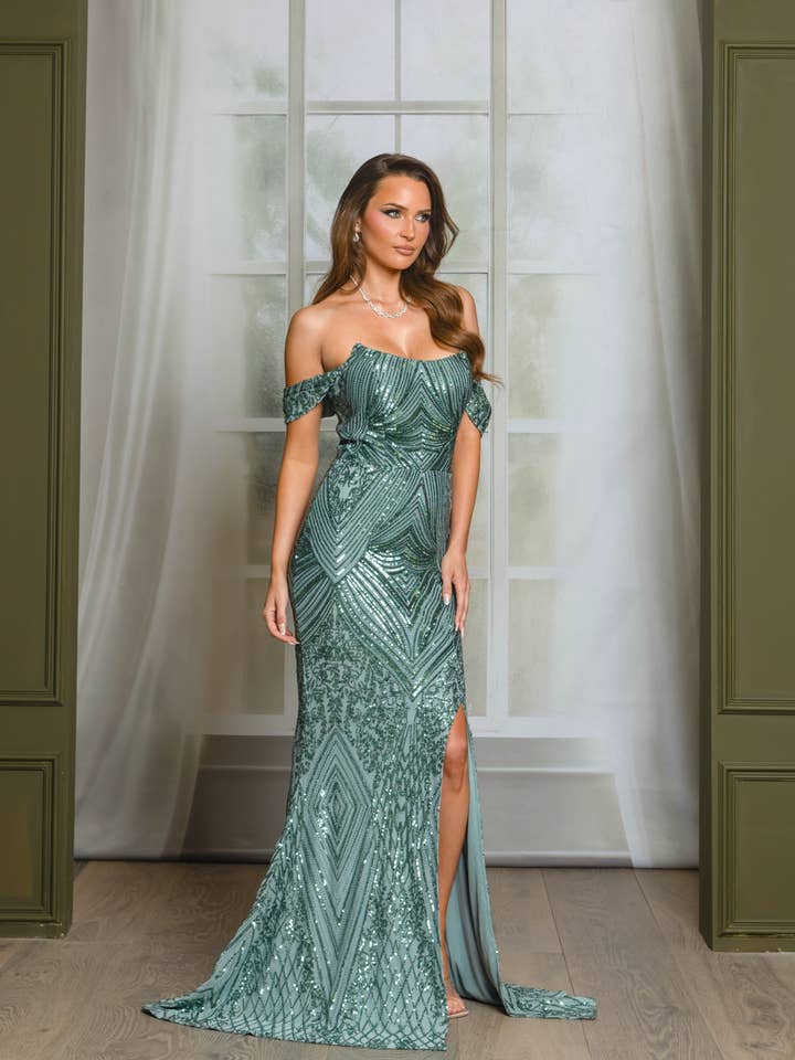 9581P3-XL OFF SHOULDER CORSET SEQUIN MAXI DRESS WITH SLIT for wholesale by RICARICA INC.