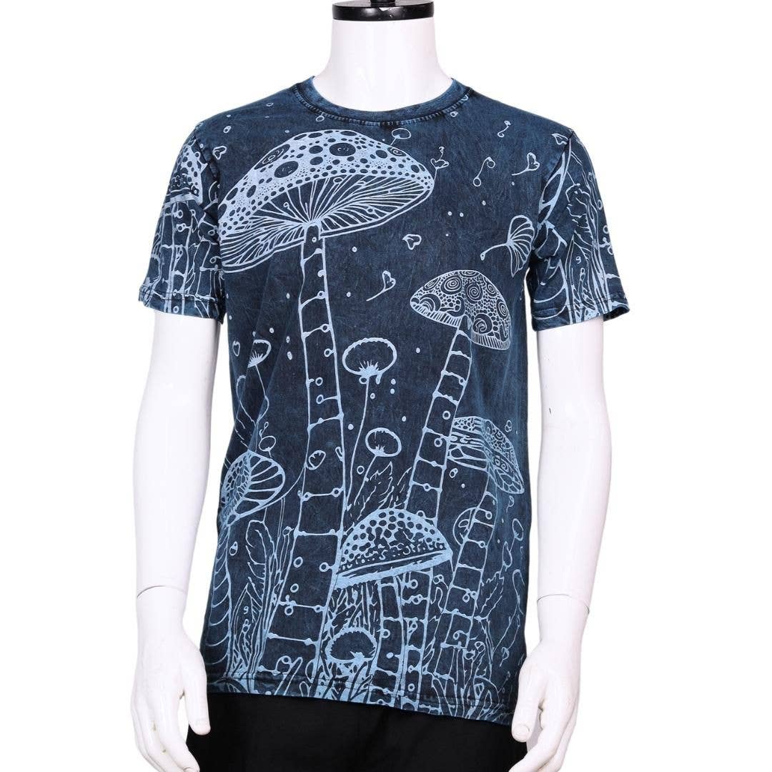 Rising International Inc - Wholesale Screen Printed T-Shirt - Women's - Cotton Stone wash Jungle of Blue Mushroom T Shirts S120